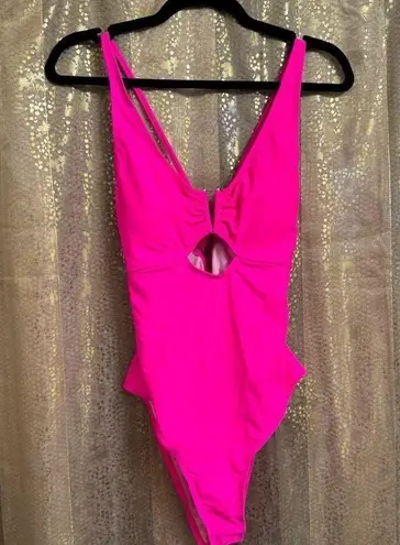 Bright Hot Neon Pink V Neck Cutout One Piece Swimsuit Medium NWOT