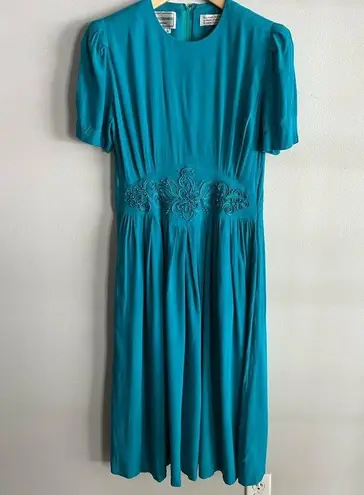 Vintage 80s Karin Stevens Teal Midi Dress Sz 4 Beaded Waist Puff Sleeves Blue