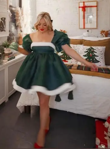 Selkie Elf Green Santa Baby Puff Mini Dress green with white fur trim Size XS