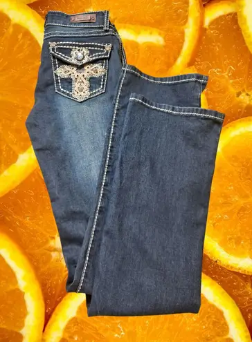 ViVi Dina Embellished Boot Cut Jeans Crystal Cross Pocket Dark Wash Size 5 Blue