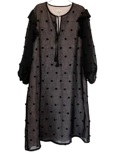 Manoush Black Tulle Polka Dot Long Sleeve Split Tie Neck Shift Maxi Dress sz 38