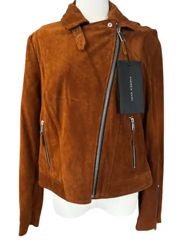 Andrew Marc Genuine Suede Leather Moto Bomber Jacket Brown Size Medium NWT