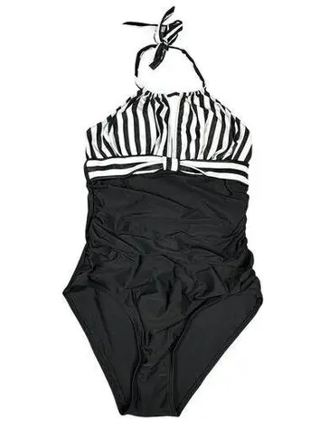 Tempt Me Swimsuit One Piece Womens Small Black White Halter Tie V Neck Ruched