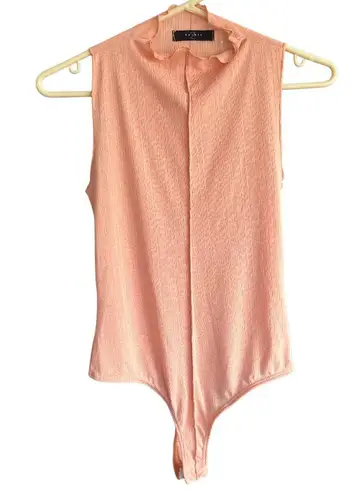 21 Saints Size S Pink Bodysuit Ruffled Mock Neck Textured Semi Sheer T458