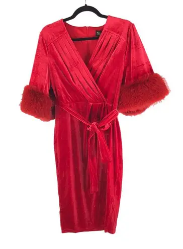 Hollywoodland Red Velvet Fifth Avenue Wrap Wiggle Dress Faux Fur Trim V Neck L Size L
