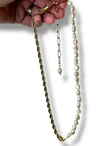 Keachains 18k Gold Plated Stainless Steel Freshwater Pearl Rope Chain Necklace
