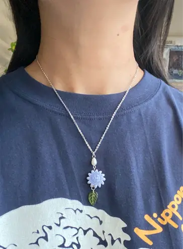 Handmade unique funky cute light blue ceramic sun & Czech glass leaf & freshwater pearl necklace☀️🌿