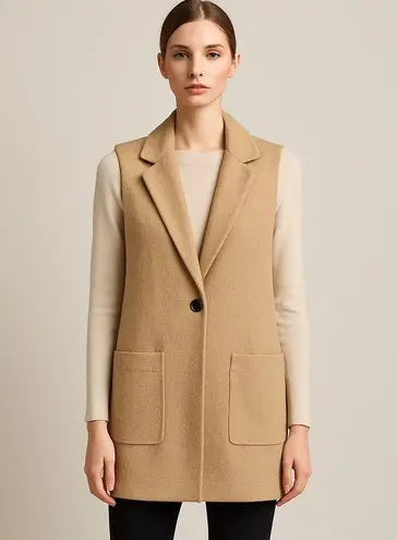 Tahari NEW Camel Long Vest Sleeveless Jacket Oversized Pockets Chic Layering L