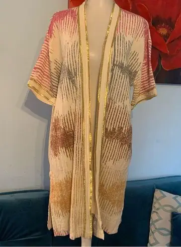 Soft Surroundings  S/M Small medium cotton Cardigan Boho Open Front hold trim top