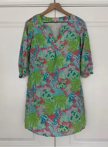 Lilly Pulitzer  100% Silk Mini Dress Beach Floral Lizard Print Preppy 3/4 Sleeve