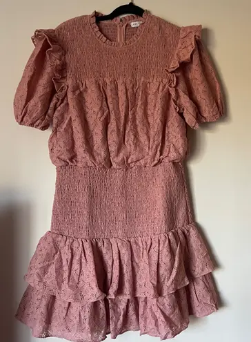 Endless Rose NWT Smocked Ruffle Dress Dusty Rose Lace Tiered Midi Size L