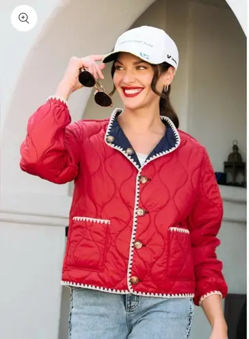 Red Puffer Jacket with White Trim and Quilted Design Size XL