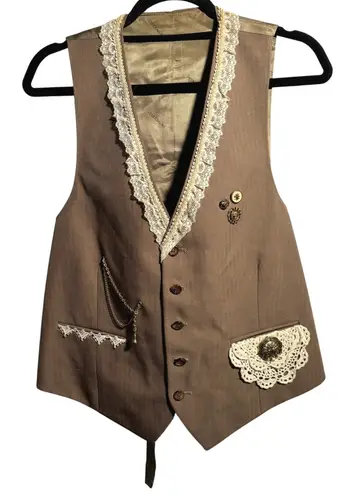 VTG Petrocelli Brown Vest Lace Trim Chain Steampunk Academia Victorian Style M Size M