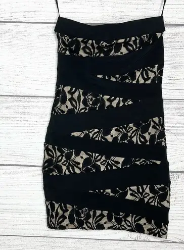 G by Guess GUESS Strapless Bandage Lace Illusion Bodycon Mini Dress Black & Cream Size XS