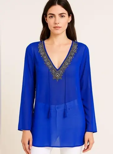Yumi Kim Royal Blue Beaded Embellished Sheer Tunic Top or Swim Cover Sz S