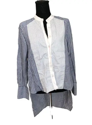 BCBGMAXAZRIA  pinstripe blue white colorblock hi low mandarin button down LS top