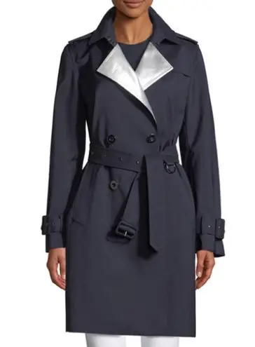 Elie Tahari Natania Contrast-Face Double-Breasted Trench Coat Jacket Blue NEW