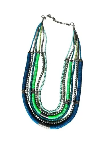 Vintage Blue and Green Multi Strand Necklace, Teal Bead Six Strand Necklace