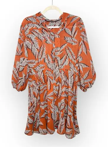 THML Brown Leaf Print Boho Tiered Balloon Sleeve Mini Dress Vacation Resort L