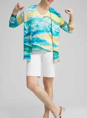 Chico's Chico’s Spun Rayon Watercolor Cardigan Sz 2/L Open Concept Notched Hem LS Fall