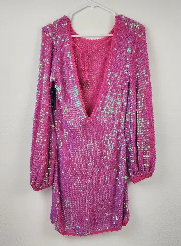 Retrofête Retrofete Tara Crochet Dress Iridescent Pink Long Sleeve XS/S NWT Sequins
