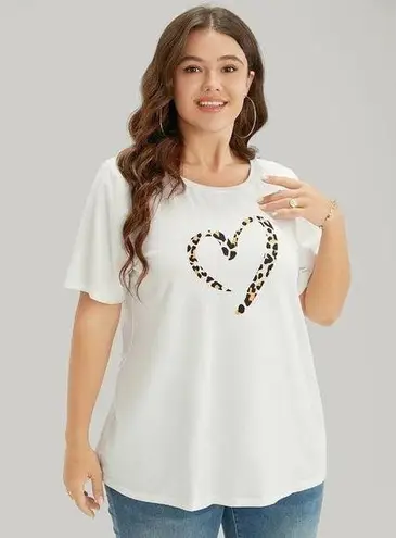 Bloomchic Leopard Heart Print Crew Neck T-Shirt White 14-16