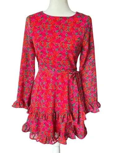 Mi Ami Red Floral Flounce Dress Junior Size S Belted Long Sleeve Lightweight