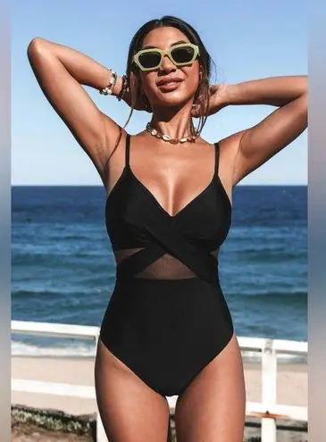 NWT Cupshe Romantic/Feminine Mesh Wrap Front Cutout One Piece Swimsuit Black M Size M