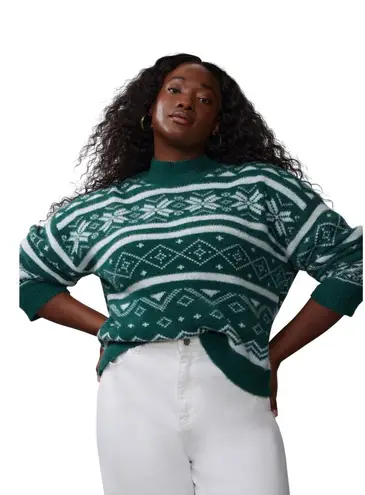 NY&C Womens 2X Green White Snowflake Fair Isle Mock Neck Sweater Size XXL