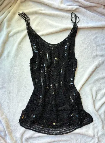 vintage Black Sequin beaded crochet knit Women's cami tank striped Top Size M