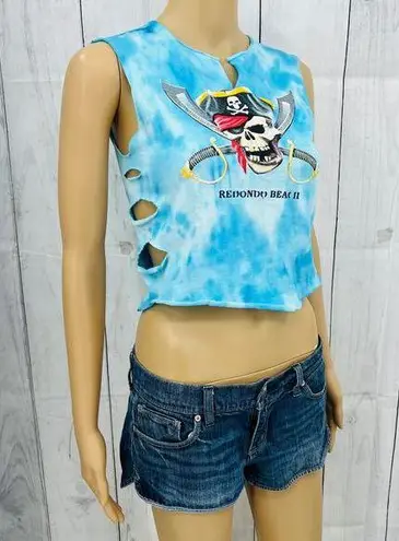 American Vintage VINTAGE 90s Pro West SMALL Redondo Beach Pirate Skull Blue Tie Dye Crop Top