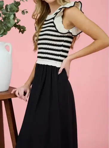 BY THE RIVER | Sophie Stripe Sweater Mixed Media Midi Dress Black Cream | Medoum Size M