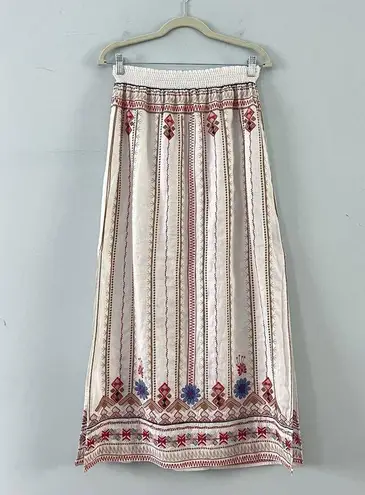 Johnny Was Los Angeles Frederique Embroidered Side Slit Linen White Maxi Skirt