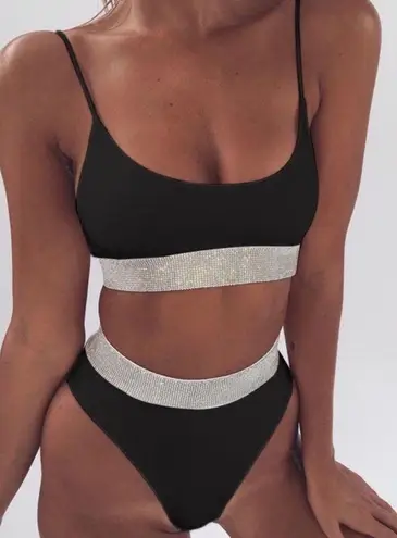 Boutique emma bling trim high waist swimsuits set black