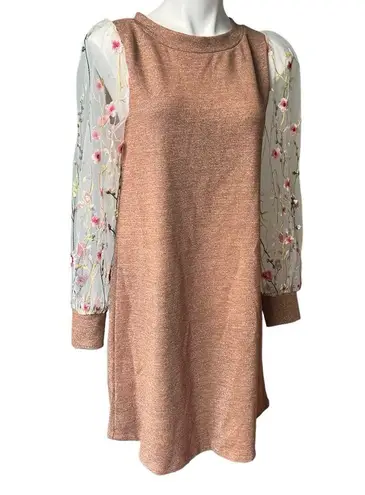 Renee C . Brown Metallic Dress with Sheer Mesh Embroidered Long Sleeves; Sz M