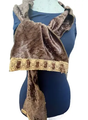 Handmade brown velvet scarf with gold accents by Marylin Johnson