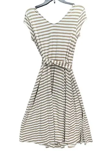 Banana Republic  Dress Womens XS Tan White Stripe Wrap V Neck Tie Waist Stretch