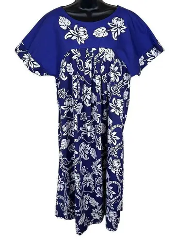 Vintage 100% Cotton Hawaiian Floral Print Midi Dress Size Medium Blue