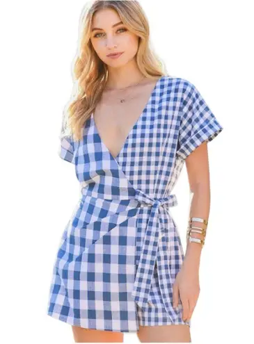 Main Strip New Gingham V Neck Tie Wrap Front Romper Plaid Blue S