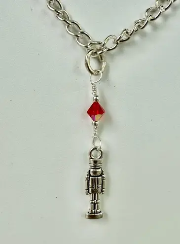 Hand Crafted Antique Silver Toy Soldier with Red Crystal Chain Necklace 17 inch