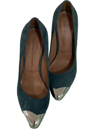 $495 SIGERSON MORRISON Womens Sz 7B green suede silver cap toe pumps shoes