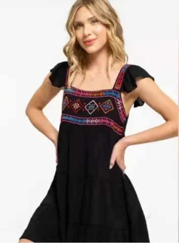 AUGUST SKY Black Embellished Mini Dress with Square Neck and Flutter Sleeves Size L