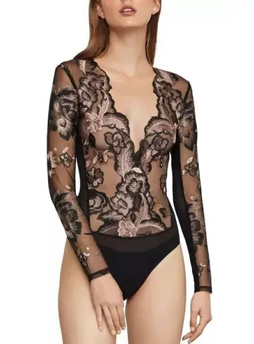 BCBGMAXAZRIA  Sheer Embroidered Mesh Bodysuit Shimmery Golden Floral Sz XS