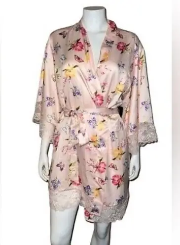 NWT INC Pink Butterfly Floral Lace Trim Wrap Robe Medium