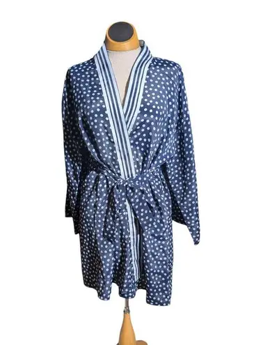 Vtg 1990s Amelia's Navy Blue White Polka Dot Long Sleeve Short Wrap Robe Sz L Size L