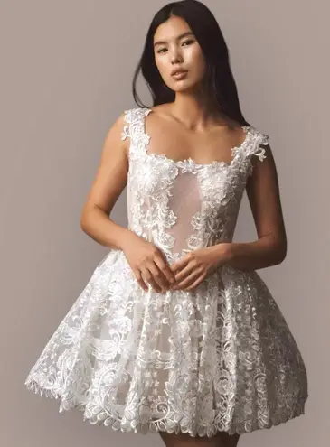 BHLDN NWT White Lace Square Neck Mini Bridal Dress w/ Hoop Skirt Size 6