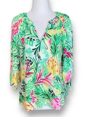 Pappagallo Eliza Blouse Green Multicolor Painted Pineapple Print Plunge Neck Top Size undefined