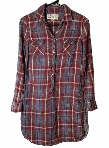 Ryan Michael Mini Dress Plaid Tabbed Sleeve Red Blue Small 100% Cotton Western