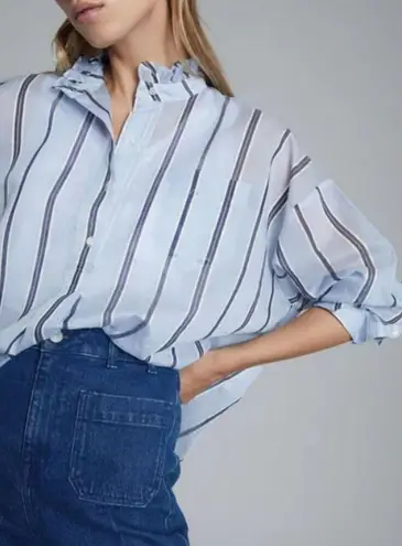 Reiss Women's Avera Size 8 Blue Cotton Silk Blend Shirt Striped Long Sleeve NWT