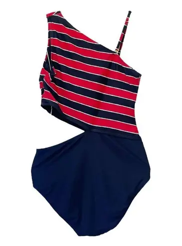 Michael Kors  Nautical Striped One Shoulder Cut Out One Piece Swimsuit Size 14